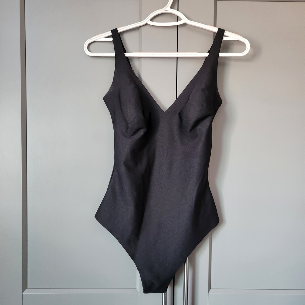 New Skims Body Plunge Bodysuit Onyx Black Thong Snap Closure L BD-THG-9105 Large